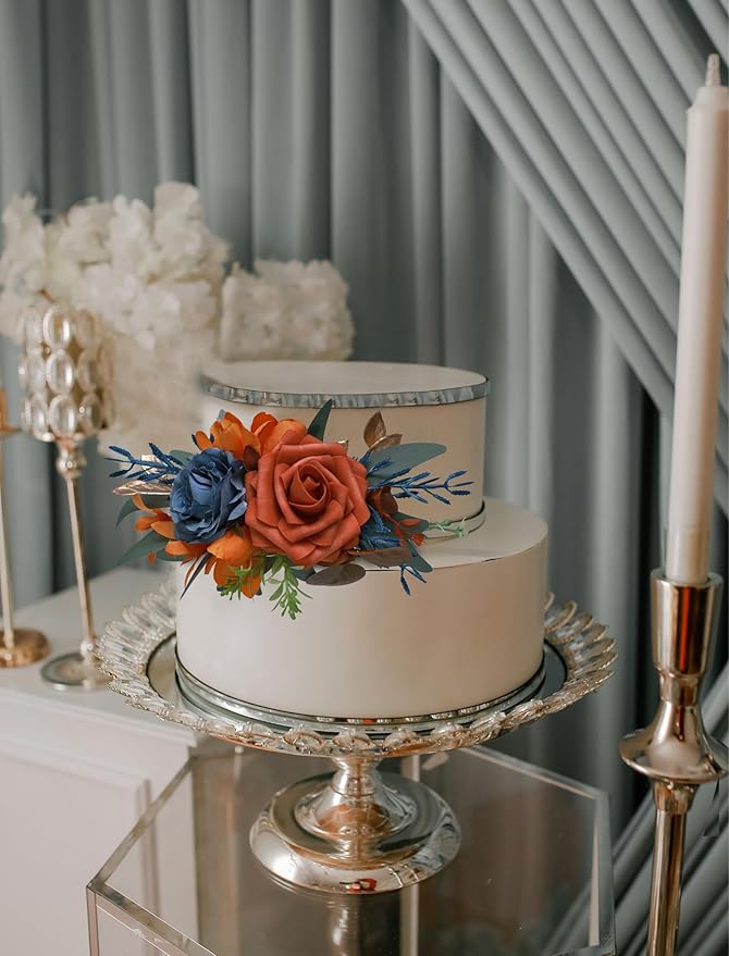 CherishedMoments 3Pcs Cake Topper Set, Wedding Artificial Flowers Decor Burnt Orange-Blue, Perfect for Wedding Ceremony, Anniversary, Parties & Photography