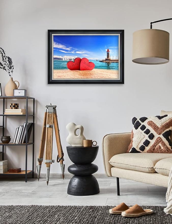 IPIC - Beach Lovers, Personalized Framed Wall Art with Names and Date on, Giclee Prints with Solid Wood, Custom Gifts for Wedding Anniversary. Total Framed Size: 27.25" W x 19.25" H