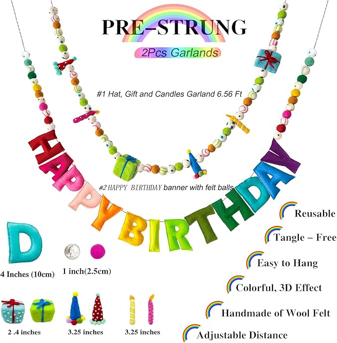 2 PCS Pre-Strung Happy Birthday Banner, Rainbow Party Decorations, HAPPY BIRTHDAY Felt Ball Garland, Personalized Birthday Sign for Birthday Decor, Party Supplies, Photo Prop, Decoración De Cumpleaños