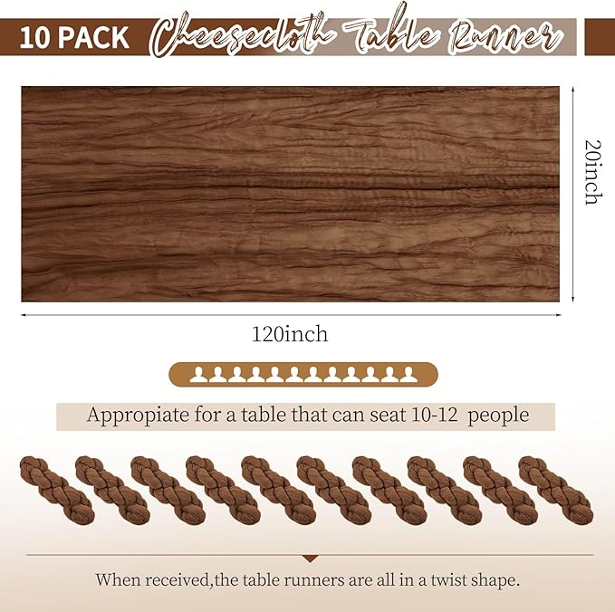 10 Pack Brown Table Runner 10Ft Cheesecloth Table Runner Boho Gauze Cheese Cloth Table Runners Romantic Long Sheer Fabric Table Runners for Wedding Party Bridal Shower