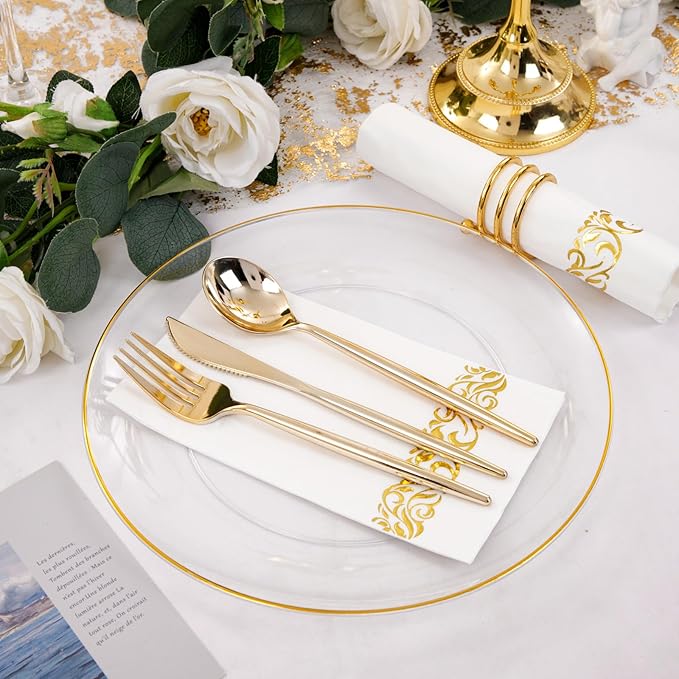 MirthMood 350Pcs Clear and Gold plates,Christmas plates, Plastic Plates for Party Include 50 Dinner,50Dessert Plate,50 Cup&50 Napkins, 150 Gold Silverware for Wedding & Party & Christmas