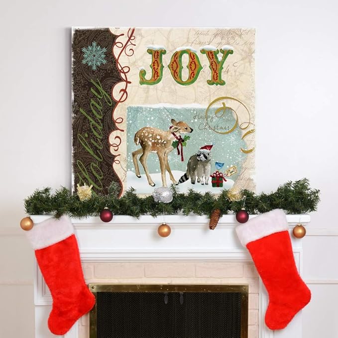 Renditions Gallery Holiday Joy Wall Art, Cute Winter Decor, Festive Fawn Deer, Raccoon, & Bluebird with Present, Premium Gallery Wrapped Canvas, Ready to Hang, 24 in H x 24 in W, Made in America