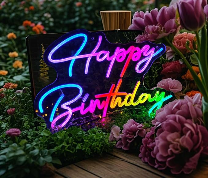 Ulalaza Smart RGB & Color Flow Effect Happy Birthday LED Neon Sign with Remote & App Control Music Sync Timer Setting LED Acrylic Light for Wall Party Décor Bedroom Bar Wedding Home Birthday USB Powered