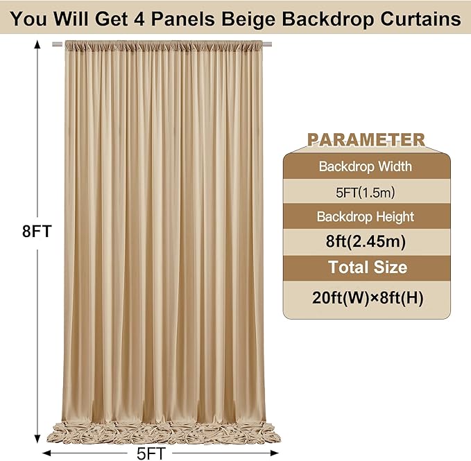 20ft x 8ft Wrinkle Free Beige Backdrop Curtains for Parties Weddings, 4 Panels 5×10ft Soft Silk Polyester Photo Backdrop Drapes for Birthday Baby Shower Baptism Photo Photography Background Cloth