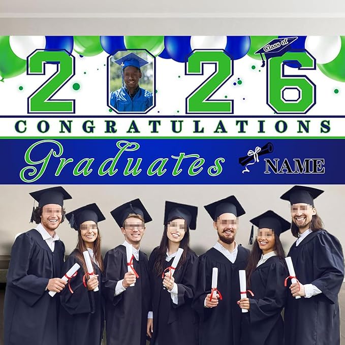 Custom Photo Graduation Garage Door Banner Personalized 2026 Grad Banner 7x16ft Porch Door Sign Decoration Outdoor Photo Booth Backdrop Party Supplies(Navy Blue)