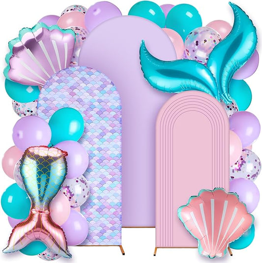 34 Pieces Mermaid Birthday Party Decorations 4ft 5ft 6ft Mermaid Arch Backdrop Covers Spandex Arch Backdrop Cover Pink Purple Seashells Balloons for Summer Birthday Party
