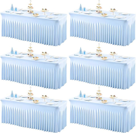 6 Packs Baby Blue Table Clothes for 6 Foot Rectangle Tables, One-Piece Wrinkle Resistant Stretch Spandex Table Covers with Skirt for Event Banquet Wedding Birthday Party