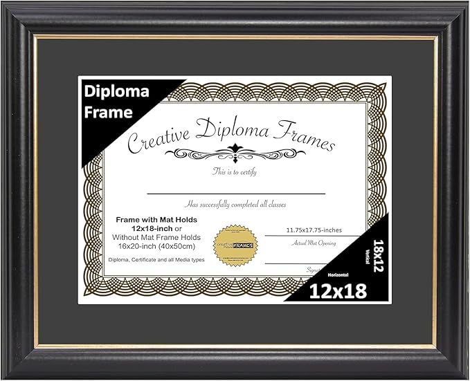 Creative Picture Frames 12" x 18" Rockefeller Black with Gold Rim Diploma Frame, Displays 12" x 18" Certificate or 16" x 20" Document without Mat, College Degree Frame, Full-Strength Glass, Black Mat