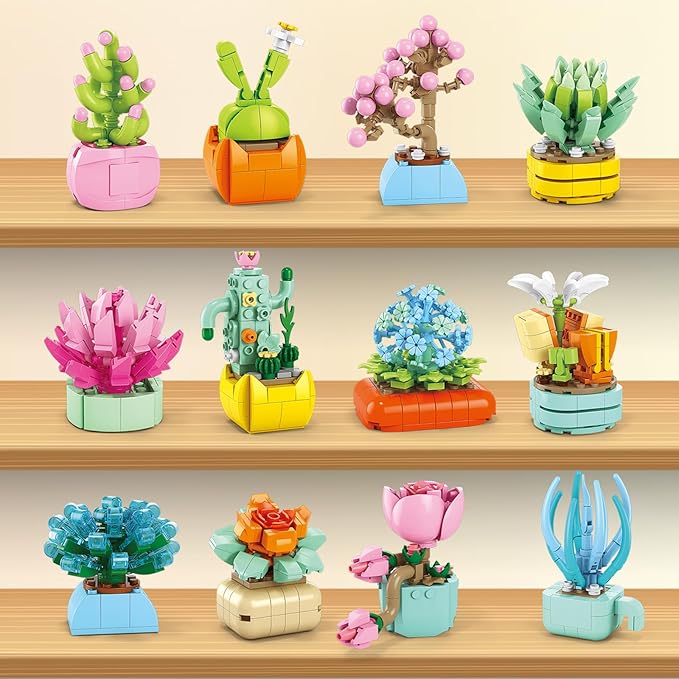 Valentines Day Gifts for Kids - 24 Packs Succulents Building Blocks with Valentines Day Cards for Kids School Boys Girls, Artificial Botanical Toy Exchange Gifts Classroom Prizes Party Favor
