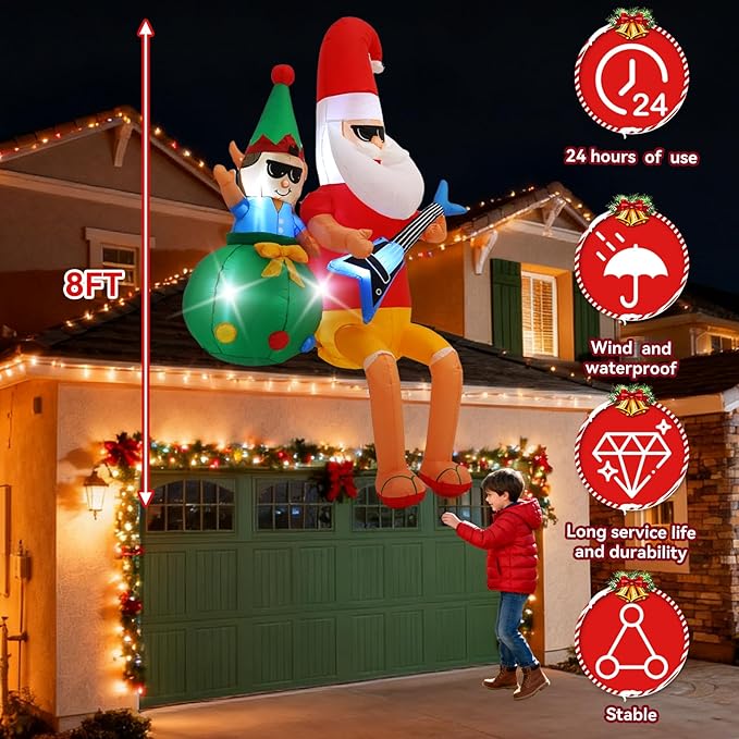 8 FT Guitar-Playing Santa Outdoor Inflatable with LED Lights for Christmas Holiday Party Decoration, Winter Garden Decoration