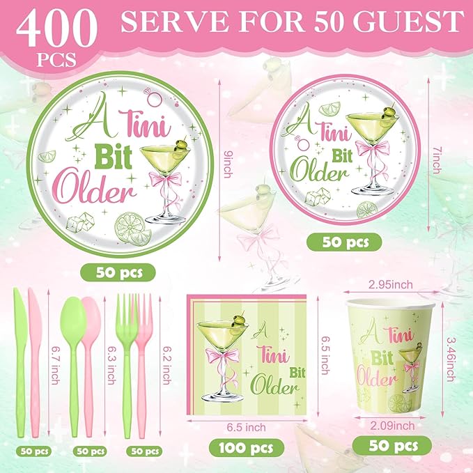 Pickmesh 400 Pcs A Tini Bit Older Birthday Party Plates and Napkin Decoration Martini Tableware Cups Knives Hot Pink & Green Dinnerware for Women Birthday Bridal Wedding Baby Shower Supplies Serve 50