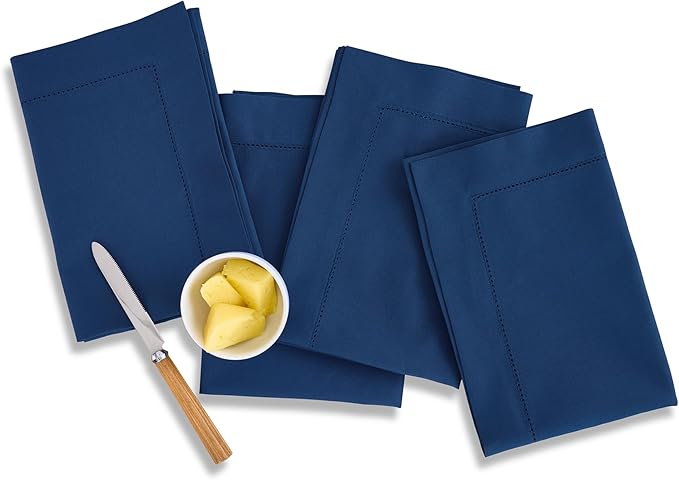 Solino Home Cotton Linen Napkins Set of 4 - Hemstitch Lapis Blue Dinner Napkins Cloth 20 x 20 Inch for Winter - Handcrafted and Machine Washable