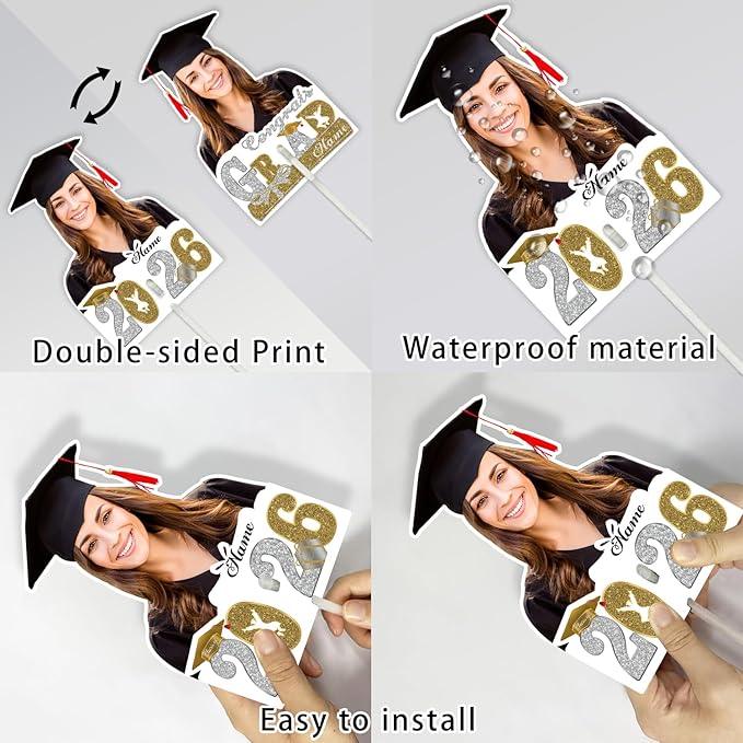 Personalized Graduation Face Fan 2026 Grade Custom Double Sided Face Cutout Fan with Handle Photo Booth Prop Party Supplies(B-Champagne and Silver,24pcs)