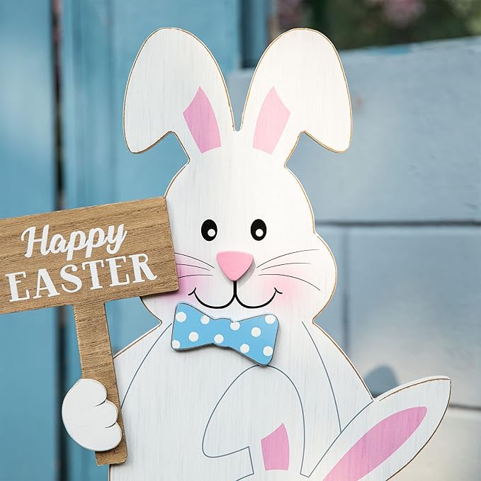 Glitzhome 30''H Easter Wooden Bunny Porch Decor, Standing Bunny Sign Decoration for Home or Yard