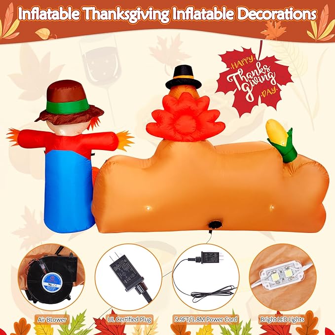 CAMULAND 8Ft Autumn Outdoor Built-in LED Inflatable Scarecrow and Turkey – Thanksgiving Inflatable Decorations Great for Home, Yard, Lawn – Warm Blow Up Décor for Fall Harvest Party