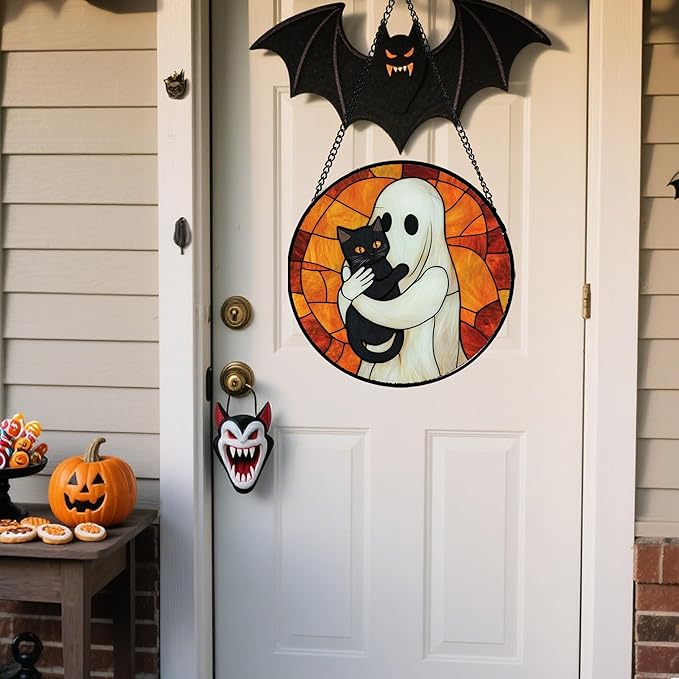 Stained Glass Window Hanging - Halloween Decorations White Ghost Black Cat Suncatcher for Doors Garden Spooky Funny Orange Sun Catchers Gothic Decor Horror Gifts for Women Men Friend 15 in