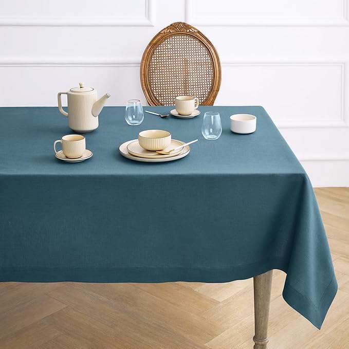 Solino Home Linen Tablecloth for Rectangle Tables 60 x 120 Inch - 100% Pure Linen Peacock Blue Table Cloth - Fete, Machine Washable Cloth Tablecloth for Winter