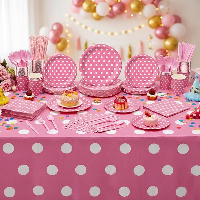 452 Pcs Pink Polka Dot Party Supplies for 50, Pink and White Polka Dot Paper Plates Napkins Cups Tablecloth Cutlery Straws for Mouse Birthday Carnival Family Picnic Barbecue Party Decoration