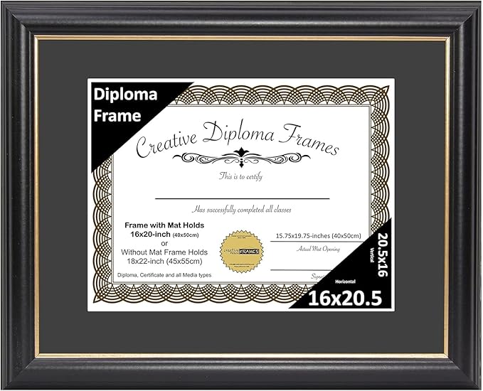 Creative Picture Frames 16" x 20.5" Rockefeller Black w/Gold Rim Diploma Frame, Displays 16" x 20.5" Certificate or 18" x 22" Document w/o Mat, College Degree Frame, Full-Strength Glass, Black Mat