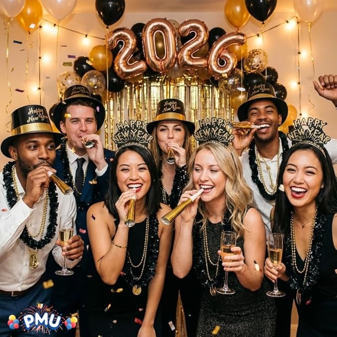 PMU New Year's Eve Party Supplies New Year's Eve Decorations Supplies, 2026 Gold Legend Illusion Party Kit Assortment for 25 Persons - Outfits for Adults, Men and Women (25/psn) Pkg/1
