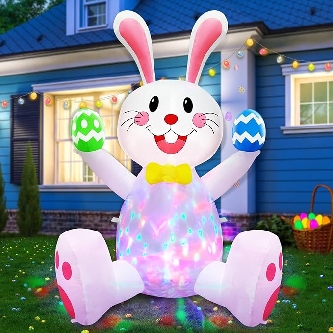 TURNMEON 4FT Rotating Colorful LED Easter Inflatable Bunny Blow up Yard Decorations with Built-in Fan, Waterproof Outdoor Indoor Easter Decor for Garden, Lawn Party, Includes Ground Stakes & Sandbags