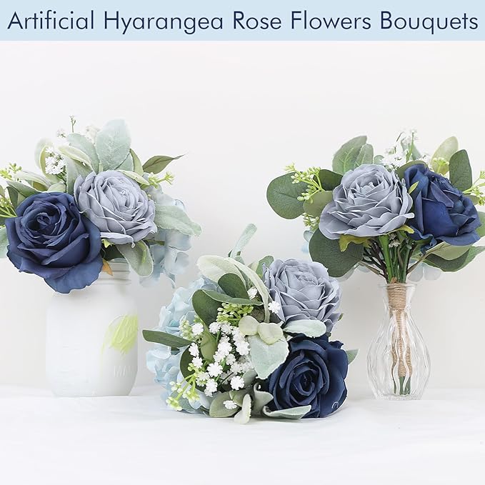 Bridesmaid Bouquets for Wedding 7 inch- Set of 6 Artificial Flowers Bouquet Navy & Blue Rustic Wedding Small Floral Centerpieces for Marriage Proposal Party Anniversary Dining Table Decor