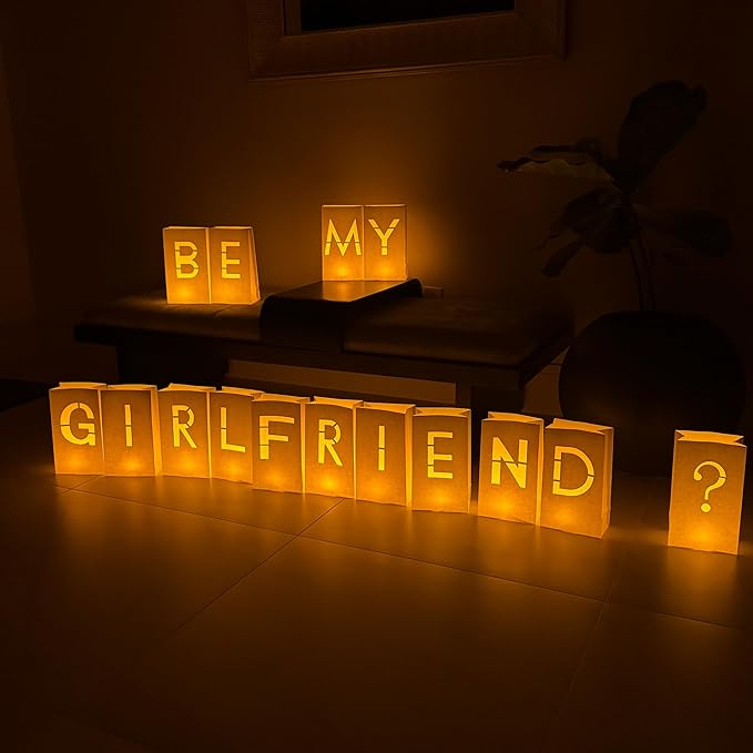 Be My Girlfriend Light up Letters with 30 Tea Lights Candles and 2000 Red & Pink Rose Petals - Luminary Bags Heartfelt Surprise Romantic Decor Proposal Decorations and Be My Girlfriend Proposal