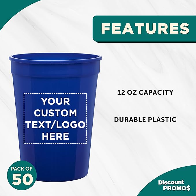 Custom Disposable Plastic Cups 12 oz. Set of 50, Personalized Bulk Pack - Perfect for Summer, Sporting Events, Birthdays, Weddings, Picnic, Beach, Parties - Reflex Blue
