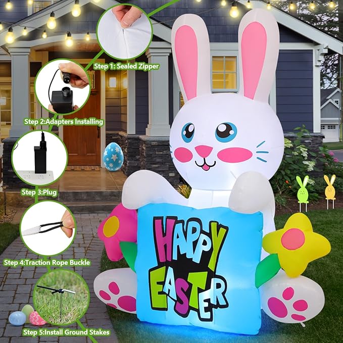 COMIN 5.2 FT Tall Easter Inflatables Rabbit Hold Flower Sign Outdoor Decorations Blow Up Yard with Built-in LEDs for Indoor Party Garden Lawn Decor
