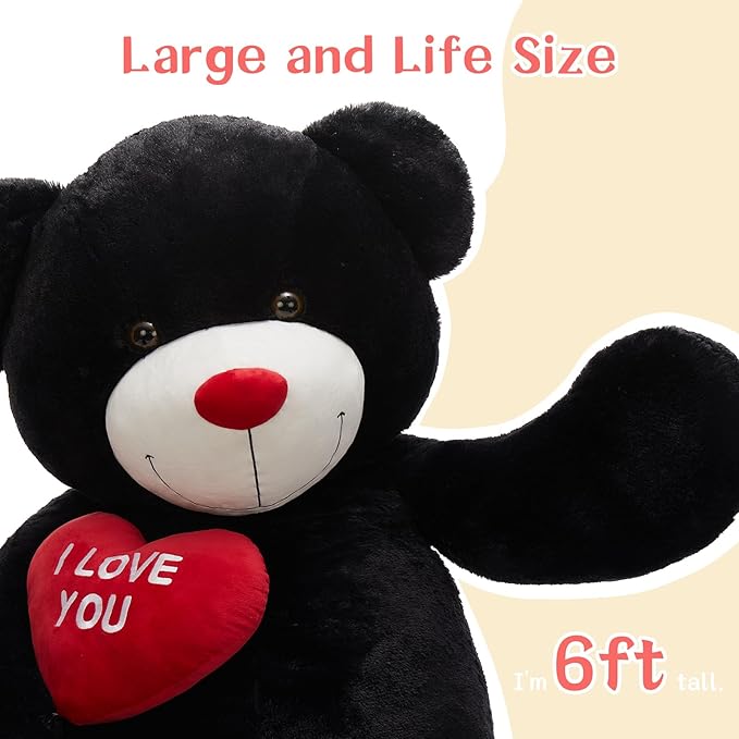 Tezituor Giant Black Teddy Bear 6ft Stuffed Animals - “I Love You” Red Heart Jumbo Human Size Teddy Bear for Girlfriend,Boyfriend,Wife,Lover-Birthday, Anniversary,Christmas, Valentines, Long Distance