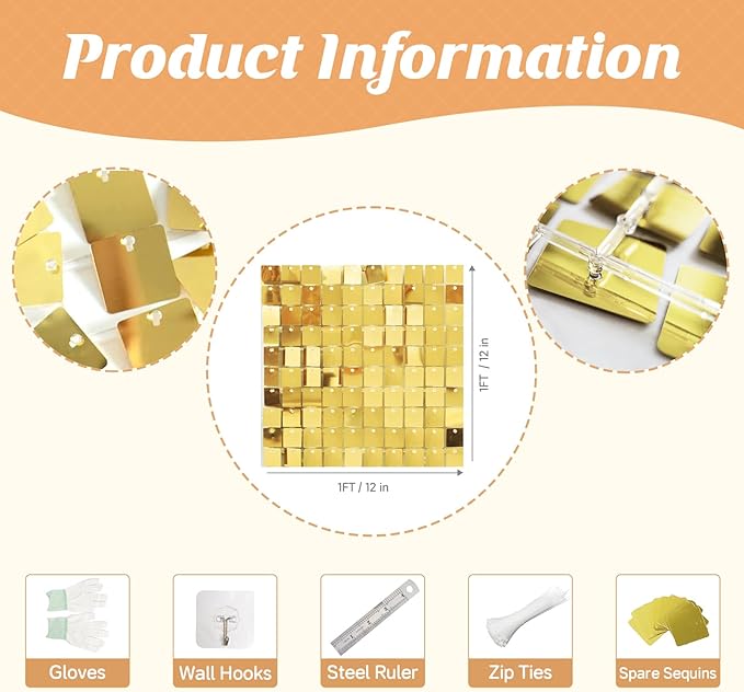 4 FT x 6 FT Light Gold Shimmer Wall Backdrop,Shiny Sequins,24PCS Sequins Backdrop Decoration Panels, Glitter Bling Photo Background Decorations for Birthday Party Wedding Anniversary Graduation