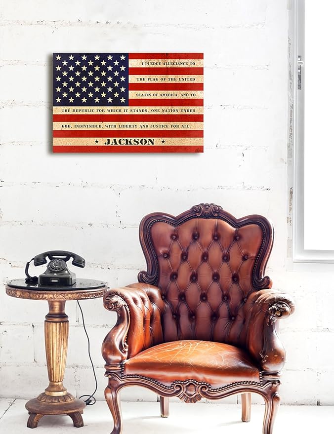 IPIC - American Flag, Personalized Canvas print with Family Name and Oath, Custom Canvas Wall Art for Independent Day, Thanksgiving and Christmas. 18x12