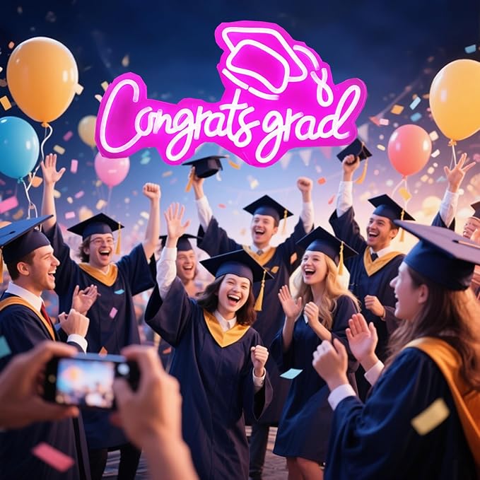 LED Acrylic Congrats Grad Neon Sign Dimmable Congrats Grad Banner Graduation Decorations Class of 2025 for Party Room Dorm Backdrop Celebration Gifts(Pink)