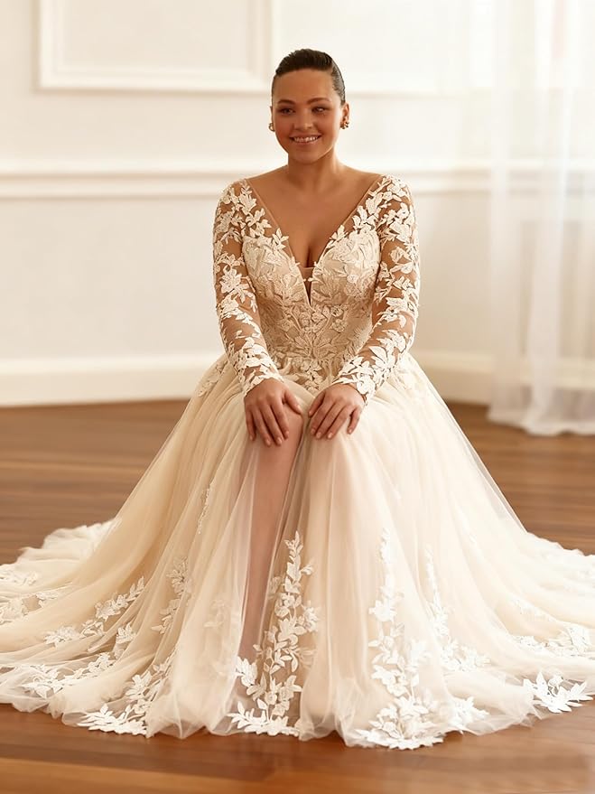 Plus Size Wedding Dresses for Bride Long Sleeve Wedding Bridal Gowns with Lace Appliques Off Shoulder Bride Dress