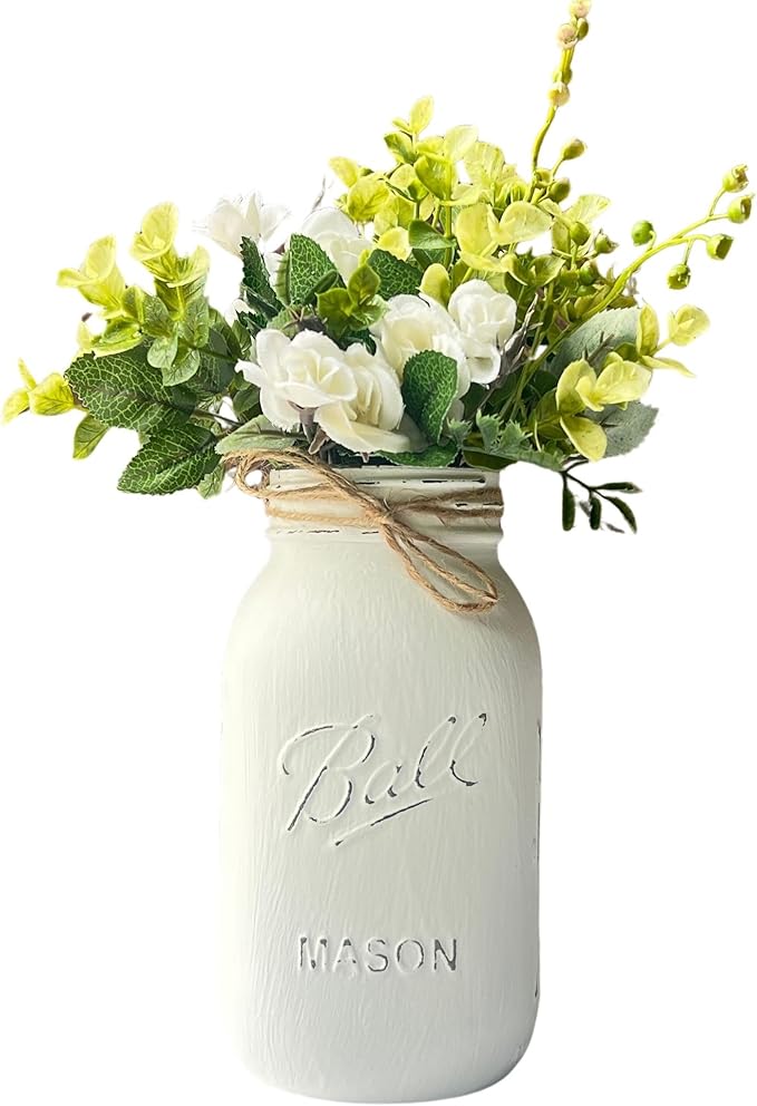 Wedding Centerpieces for Tables - White Mason Jars for Centerpieces for Table, Set of 5-32 oz Hand-Painted Mason Jars for Wedding, Baby Shower, Bridal Shower Centerpieces (5 White w/Greenery/Ivory)