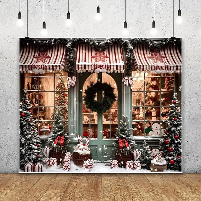 Leowefowa 10x6.5ft Christmas Photo Backdrop Candy Shop Winter Snowing Background Winter Vintage Window Merry Xmas Tree Baby Festival Family Decor Party Banner Photo Supplies Prop