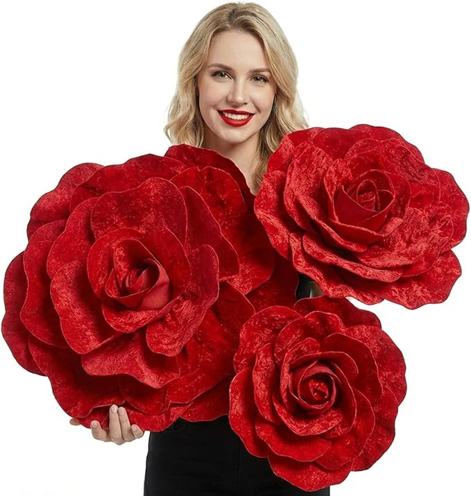 Norme 3 Pcs Valentine Giant Artificial Flowers Decoration 16, 20, 24 Inch Large Rose Petals Giant Flowers Large Red Rose for Wedding, Home Decor, Anniversary Birthday Valentine's Day
