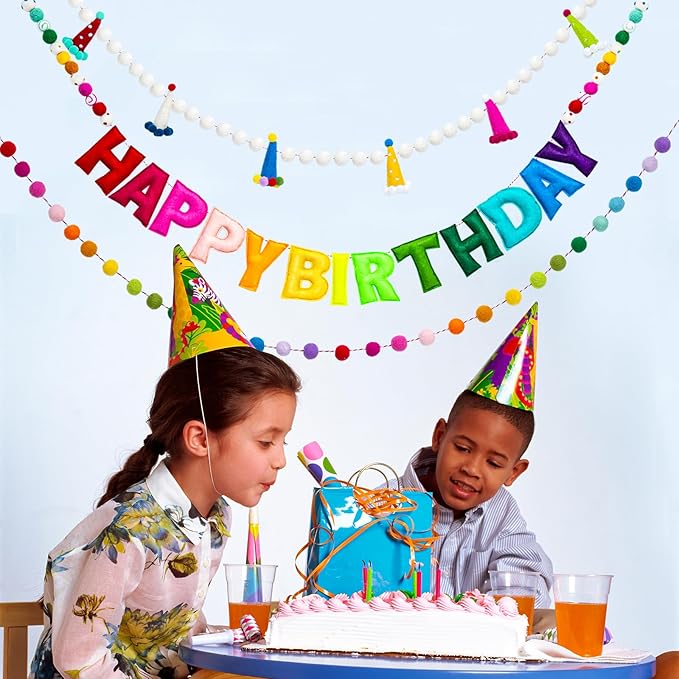 3Pcs Pre-Strung Reusable Happy Birthday Banner - Colorful Felt Ball Garland - Rainbow Party Decorations, Personalized Holiday Sign for Home Classroom Office Decor, Photo Prop Happy Birthday Sign for Kids Birthday Party (Birthday Banner + Felt Hat Garla...
