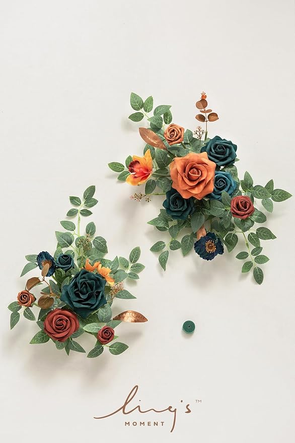 Ling's moment 2pcs Fall Wedding Artificial Floral Swag Welcome Sign Flowers Backdrop Garland Teal & Burnt Orange for Ceremony Reception Door Wall Home Decorations Entryway Outdoor Board Table Decor