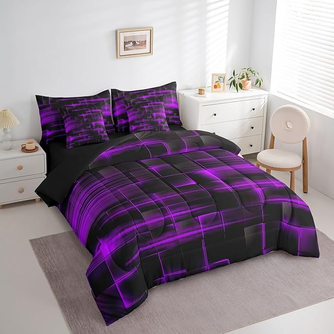 Feelyou Purple Black Bedding Set Full Size Boys Girls Geometric Strip Lines Comforter Set with Sheets 7 Piece for Bed in a Bag Abstract Modern Bed Set with Comforter,Sheets,Pillowcases