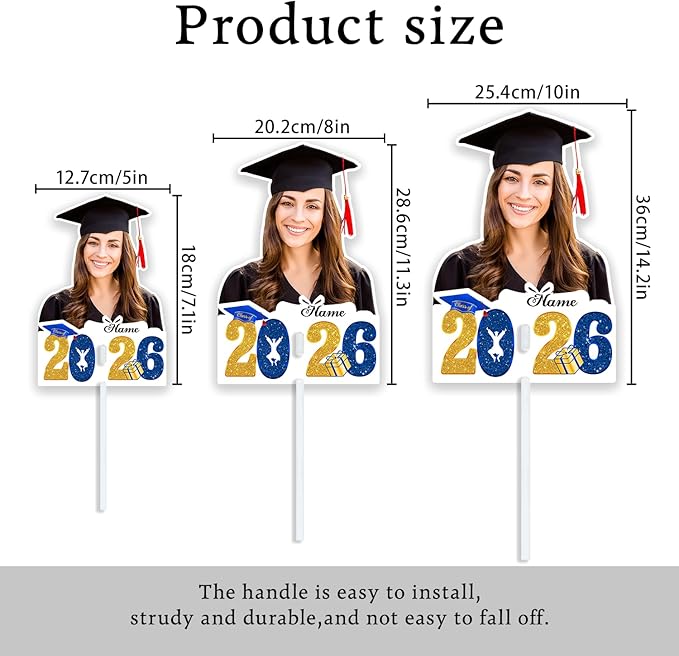 Personalized Graduation Face Fan 2026 Grade Custom Double Sided Face Cutout Fan with Handle Photo Booth Prop Party Supplies(B-Blue and Gold,12pcs)