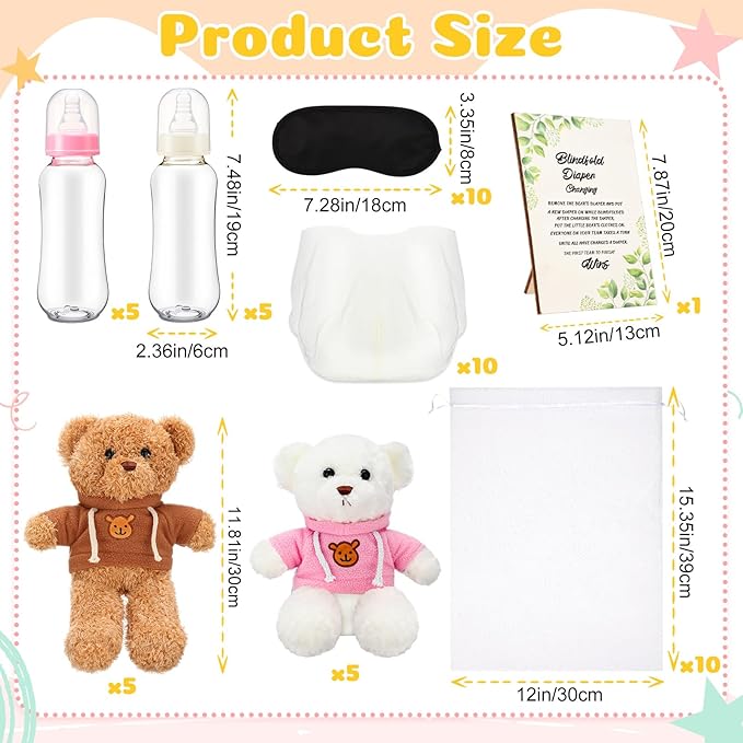 Vinsot 61 Pack Bear Blindfolded Diaper Changing Bottle Chug Games Set Boys Girls Funny Dolls Diapers for Gender Reveal Games Baby Changing Diaper Race Game Adult Prize Gift