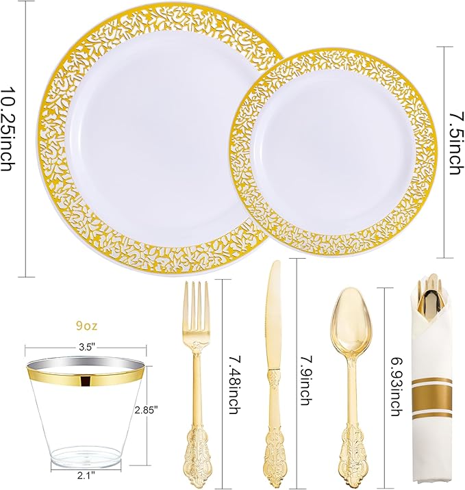 DaYammi 210 PCS Gold Plastic Plates, Gold Plastic Dinnerware Sets, Includes: 30 Dinner Plates, 30 Salad Plates, 30 Pre Rolled Napkins with Gold silverware,30 Cups 9 OZ, Perfect for Wedding and Party
