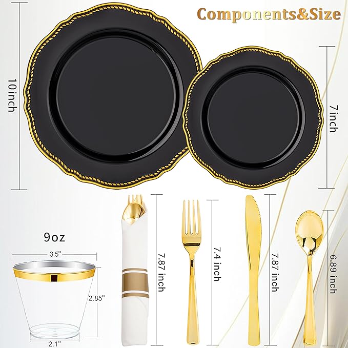 Hioasis 350pcs Black and gold Plastic Plates - Gold Plastic Dinnerware Set Includes 50 Dinner Plates, 50 Dessert Dinnerware, 50 Cups, 50 Rolled Napkin Cutlery Perfect for Wedding & Party