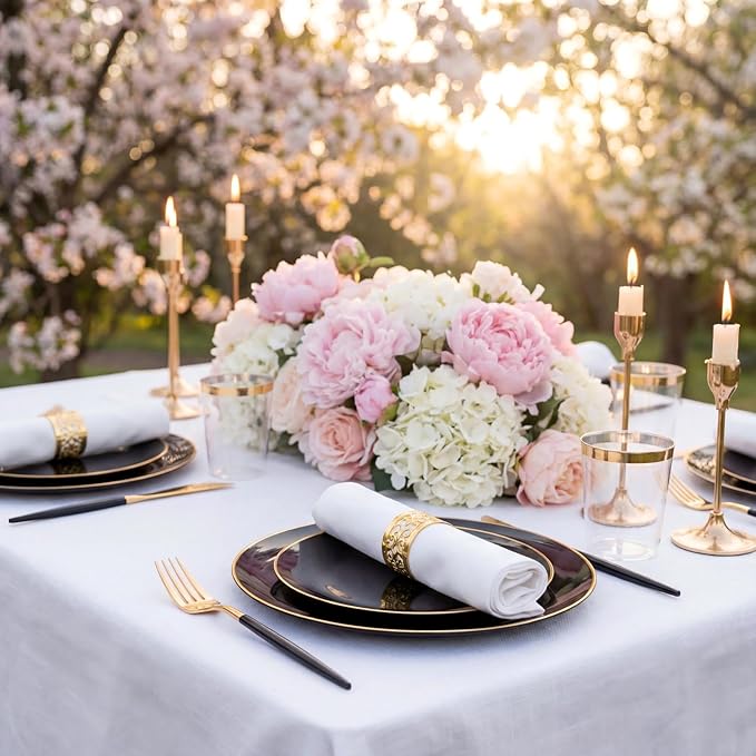 Supernal 350pcs Black Plastic Dinnerware Set - Black and Gold Plastic Plates, Gold Silverware Set, Wedding Party Plate, Cups for Birthday, Party, Wedding,Valentine's Day, Mother's Day and Easter