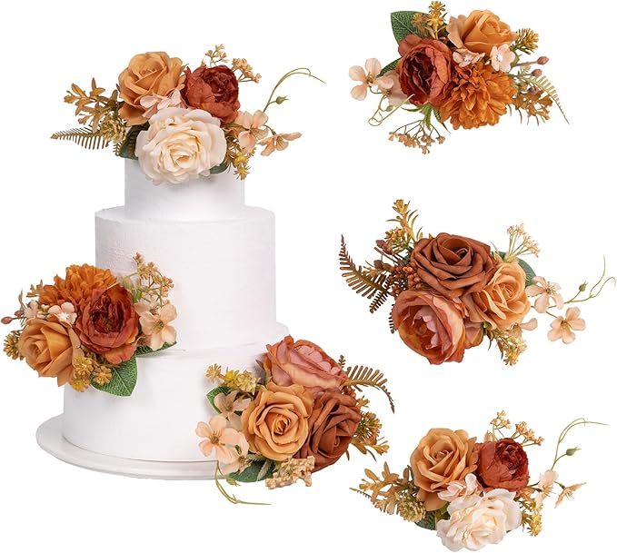 TINGE TIME 3Pcs Pre-made Cake Toppers，Silk Artificial Flowers Decor，Cake Decorations for Weddings, Birthdays, Party,Baby Shower,Celebration (Burnt Orange)