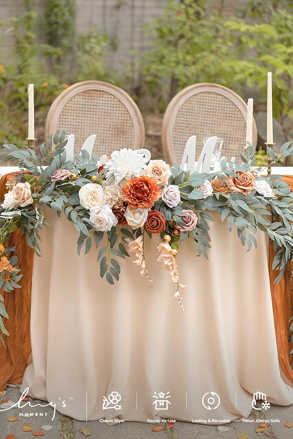 Ling's moment Fall 9FT Flower Garland for Backdrop Decorations - Wedding Arch Flowers, Eucalyptus & Rose, Artificial Floral Garland for Mantle - Sweetheart Table Decor for Ceremony, Terracotta