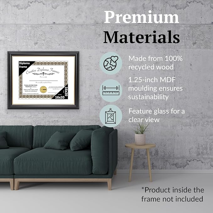 Creative Picture Frames 16" x 20" Rockefeller Black with Gold Rim Diploma Frame, Displays 16" x 20" Certificate or 18" x 22" Document without Mat, College Degree Frame, Full-Strength Glass, White Mat