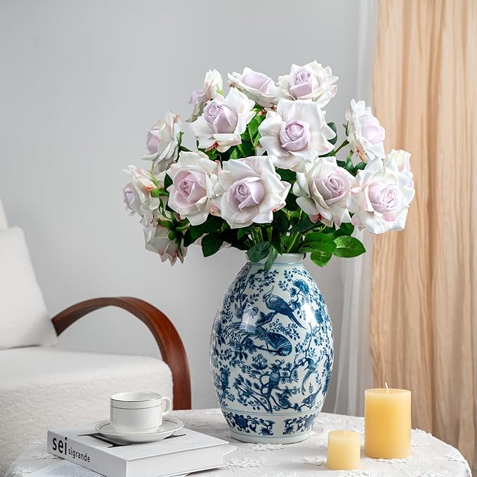Artificial Flowers Spring Artificial Roses 23.2In Fake Roses Long Stem Artificial Flowers for Tall Vase Suitable for Wedding Party Decor Valentine's Day DIY Bouquet 20PCS White Purple Heart