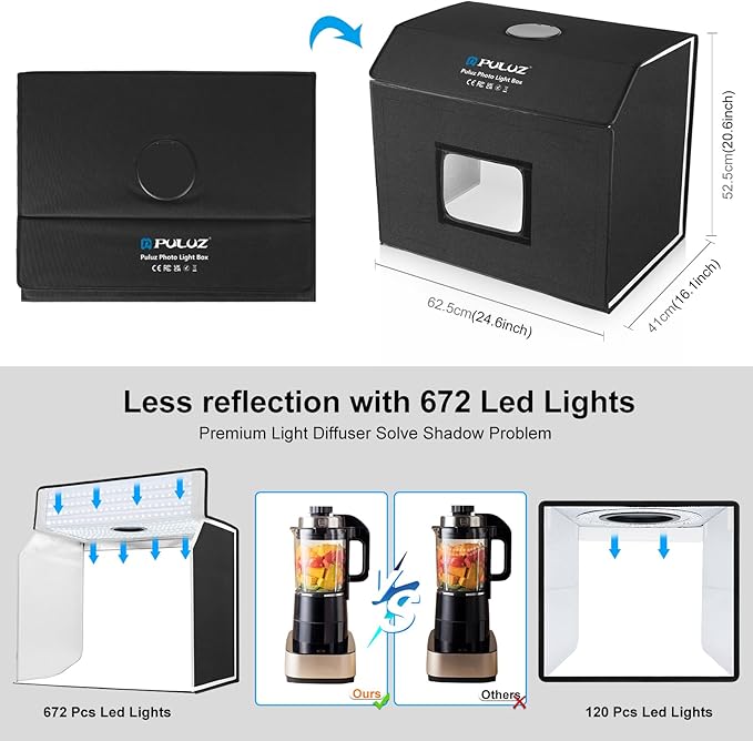 PULUZ Large Light Box, 24x16 inch Photo Studio Box, Photo Background Shooting Tents, Photography Light Tent, Portable Photo Studio Booth with 672 LED Lights & 4 Backdrop for Jewelry and Food Product